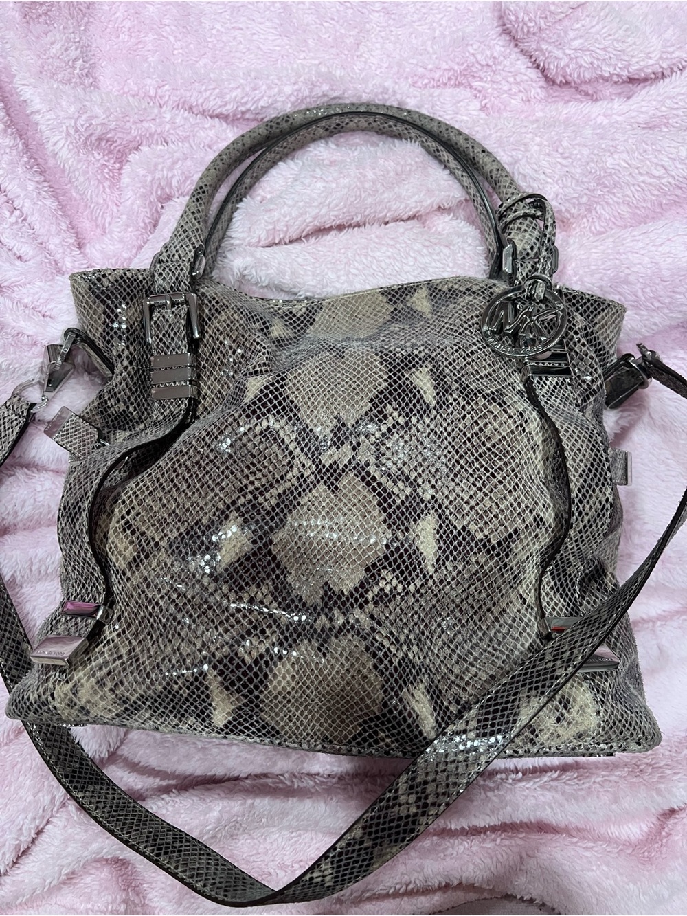 Michael Kors 2012 Glossy Python-Print Satchel in Silver and Grey
